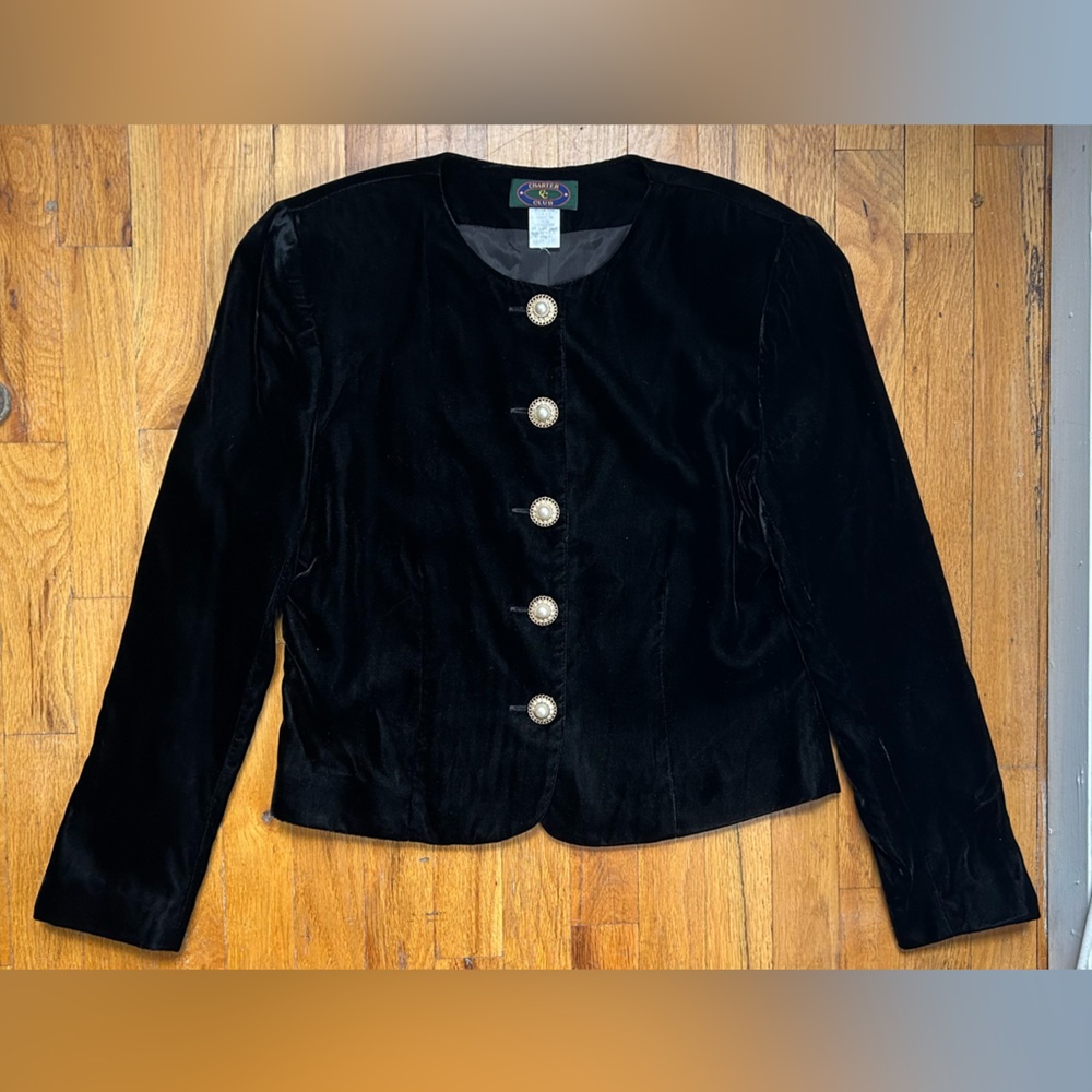 Vintage Womens Velvet Jacket Blazer Pearl Button Black Size 10 Shoulder Pads